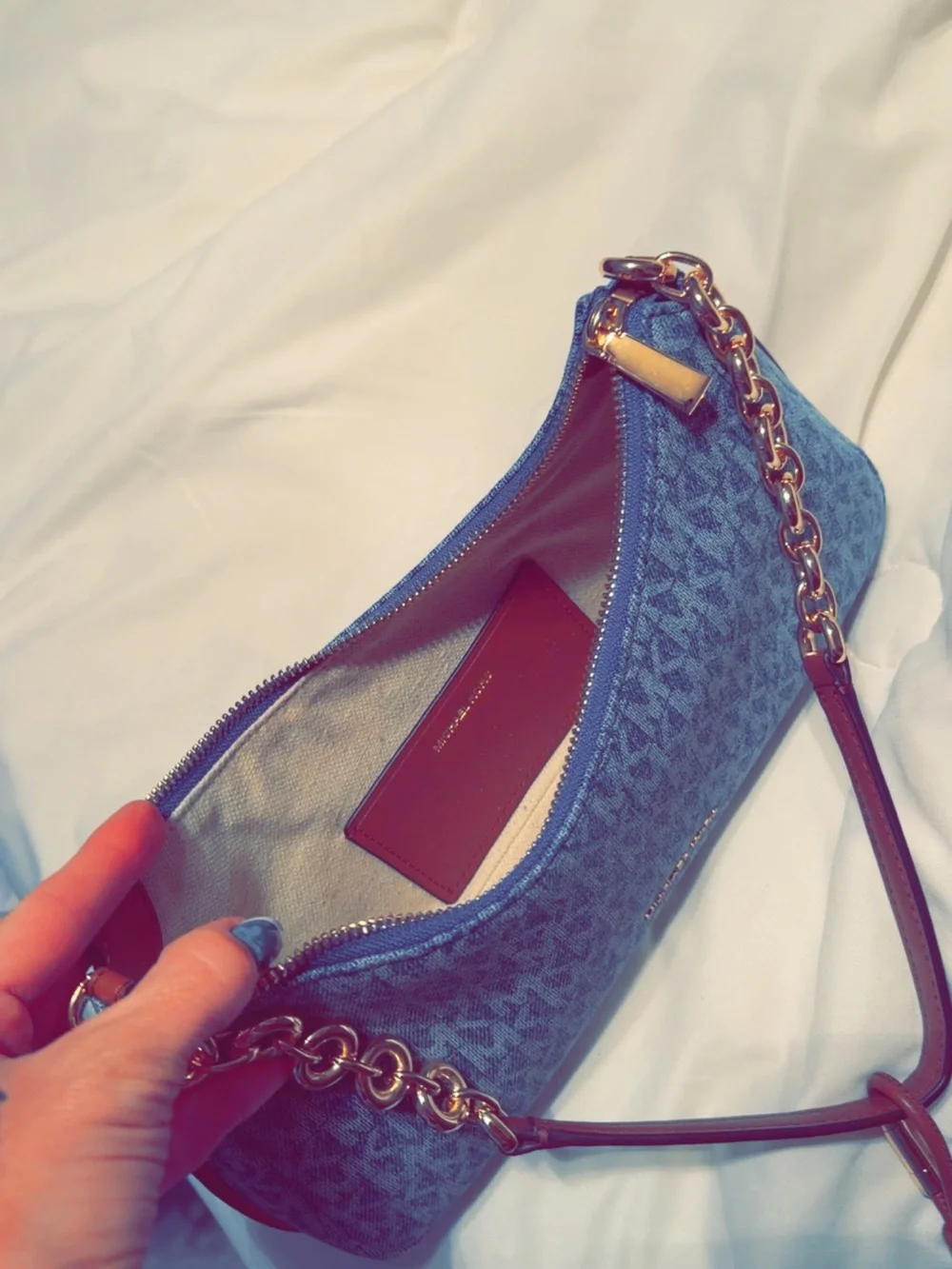 Michael Kors Nolita Medium Signature Logo Print Denim Convertible Shoulder Bag